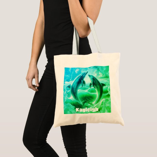 Bolsa Tote Oceano de golfinhos azul e verde monograma | (Frente (produto))