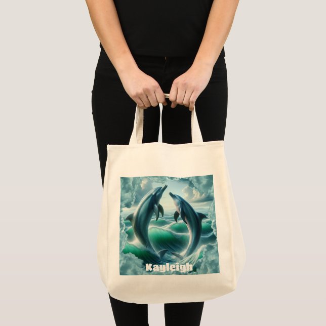 Bolsa Tote Oceano de golfinhos-de-coleira azul monograma | (Frente (produto))