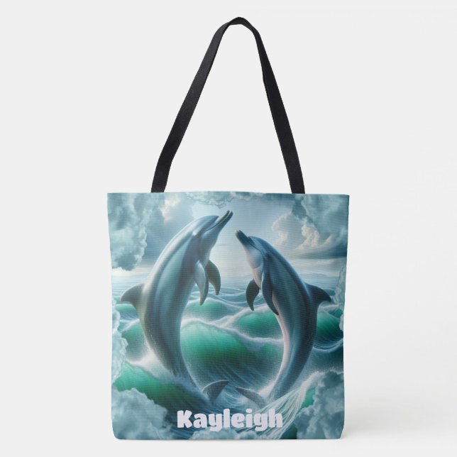 Bolsa Tote Oceano de golfinhos-de-coleira azul monograma | (Frente)