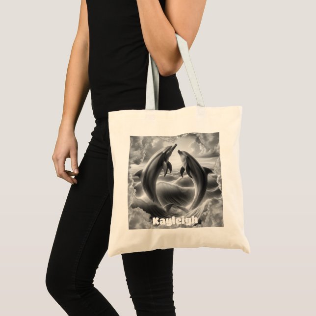 Bolsa Tote Oceano de golfinhos preto e branco monograma | (Frente (produto))
