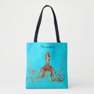 Bolsa Tote Octopus com Tentáculos Longos em Fundo Azul