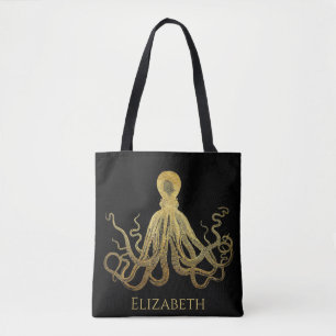 Bolsa Tote Octopus Dourado Náutico Costeiro De Tinta Preta V