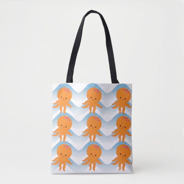 Bolsa Tote Octopus Laranja E Padrão De Ondas Azuis (Frente)
