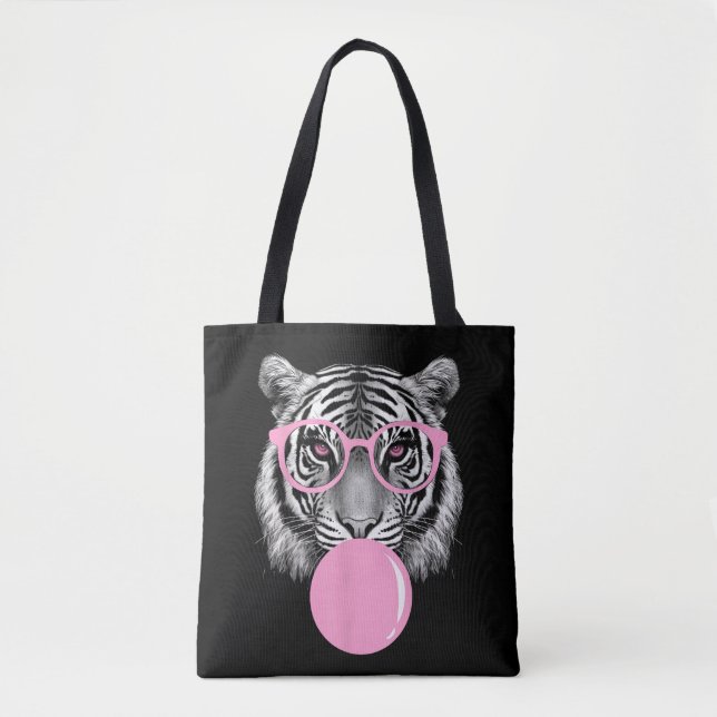 Bolsa Tote Óculos de Mulher Engraçados com Tigre e Chiclete R (Frente)