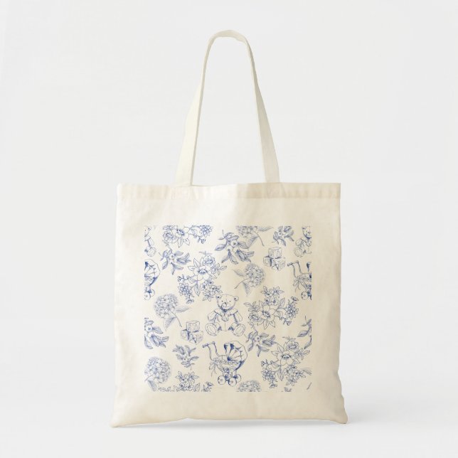 Bolsa Tote Oh baby azul cavalinho de balanço esboço chá de be (Frente)