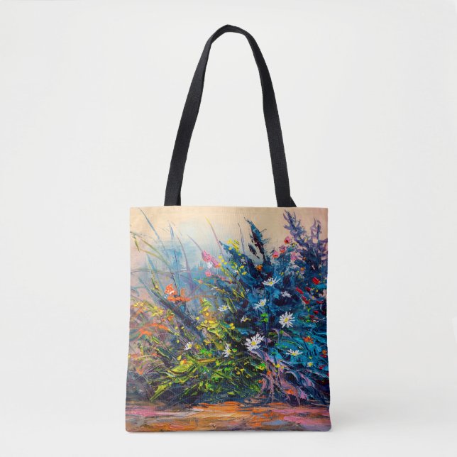 Bolsa Tote Oil painting flowers, cornflower, daisy in fields. (Frente)