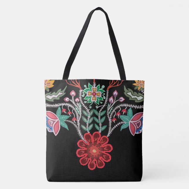 Bolsa Tote Ojibwe Firekeepers Floral Motif Black (Frente)