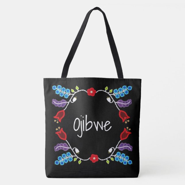 Bolsa Tote Ojibwe Floral Motif Black (Frente)