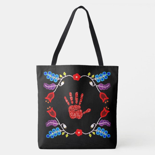 Bolsa Tote Ojibwe Floral Motif MMIW Preto (Frente)