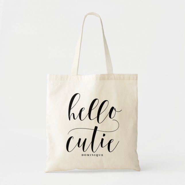 Bolsa Tote Olá, Cutie Black Modern Calliografia Personalizada (Frente)