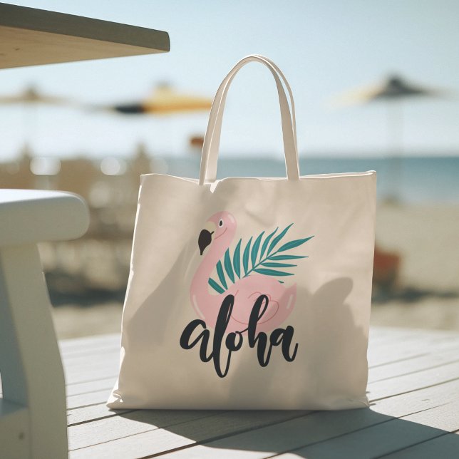 Bolsa Tote Olá Summer com Flamingo Tropical Tote Bag (hello summer, beach tote bag, vacation tote bag, school tote bag, colorful typography, gift for her)