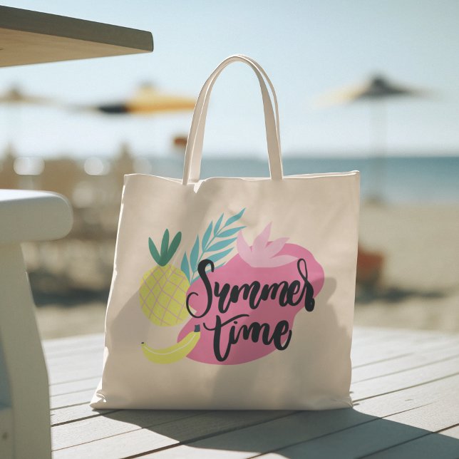 Bolsa Tote Olá Summer com Flamingo Tropical Tote Bag (hello summer, beach tote bag, vacation tote bag, school tote bag, colorful typography, gift for her)