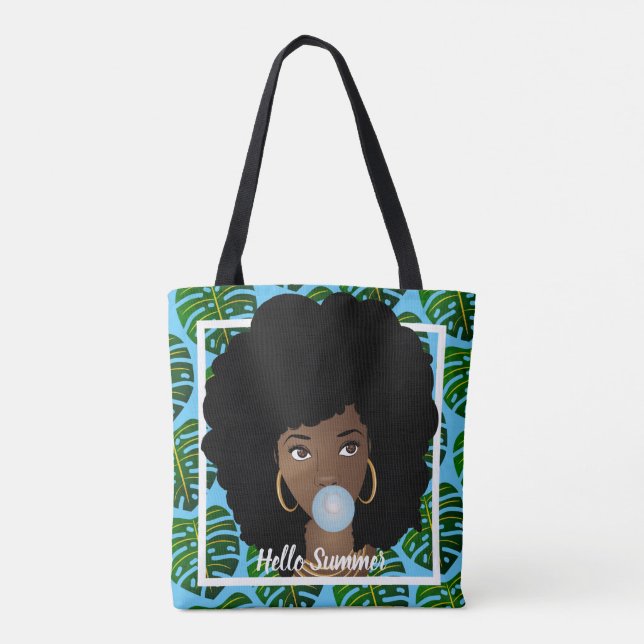 Bolsa Tote Olá Summer, mulher negra, folhas tropicais, azul (Verso)