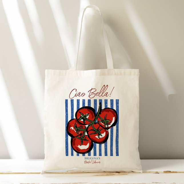 Bolsa Tote Olá tomate lindo presente de chá de panela italian (Ciao bella tomatoes blue stripes Italian bridal shower favors personalized Tote Bag bridesmaid gifts)