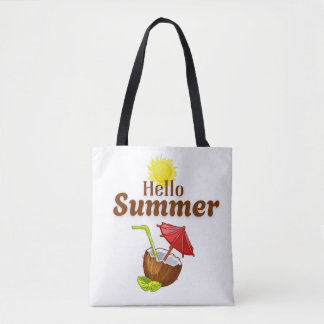 Bolsa Tote Olá Verão Amarelo Sol Coco Guarda-Chuva Vermelho
