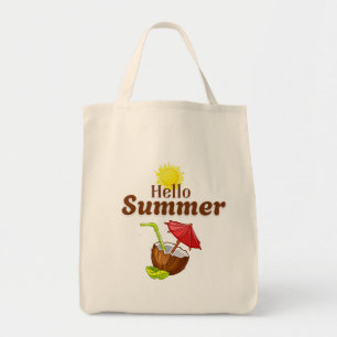 Bolsa Tote Olá Verão Amarelo Sol Coco Guarda-Chuva Vermelho
