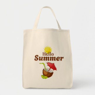 Bolsa Tote Olá Verão Amarelo Sol Coco Guarda-Chuva Vermelho