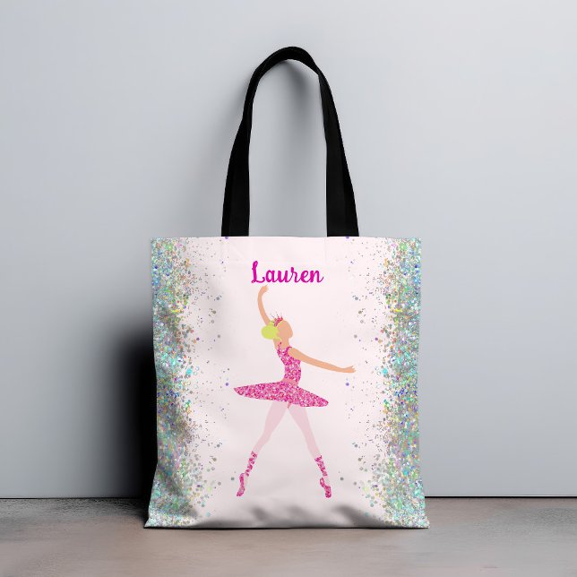 Bolsa Tote Olhar Brilhante Cor-de-Rosa Brilhante (Light Hair Pink Glitter Dress Ballerina Crown Tote Bag)