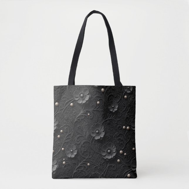 Bolsa Tote Olhar de Renda Floral Preta com Pérolas (Frente)