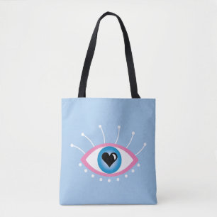 Bolsa Tote Olho Mau grego com olhais cor-de-rosa azul