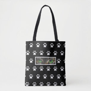 Bolsa Tote Olhos de gato elegantes e padrão de patas em preto
