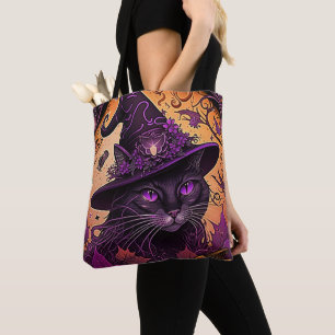 Bolsa Tote Olhos Roxos de Gato Negro Bruxas Halloween