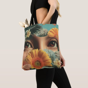 Bolsa Tote Olhos Surreais e Flores com Borboletas