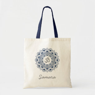 Bolsa Tote Om Mandala Lotus Nome Azul Marinho Yoga Yogi Senho