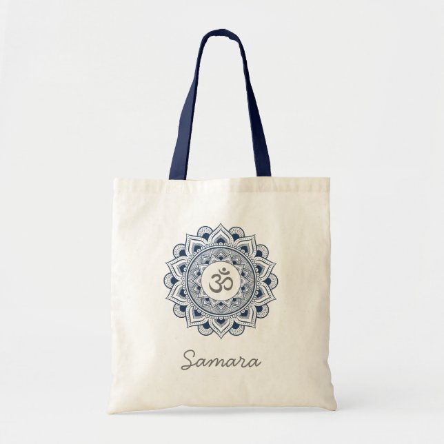 Bolsa Tote Om Mandala Lotus Nome Marinho Blue Yoga Yogi Lady  (Frente)