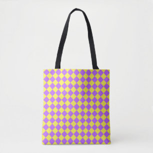 Bolsa Tote Ombro em Xadrez Roxo e Amarelo com Padrão de Diama