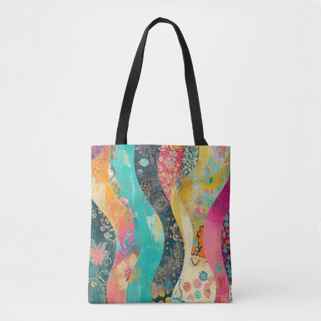 Bolsa Tote Onda de Flores Multicoloridas (Frente)