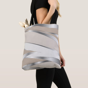 Bolsa Tote Onda metálica bege e branco elegante