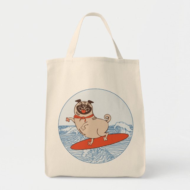 Bolsa Tote Onda montando cachorro feliz no surfboard (Frente)