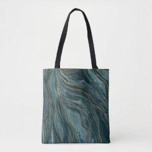 Bolsa Tote Ondas Abstratas de Aquarela Azul Teal Dourado