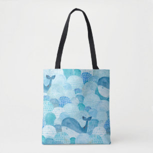 Bolsa Tote Ondas, baleia, textura azul infantil