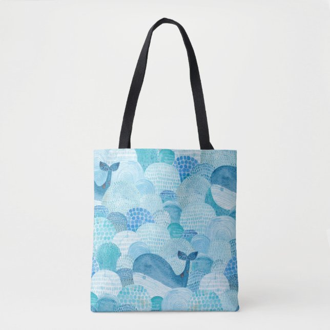 Bolsa Tote Ondas, baleia, textura azul infantil (Frente)