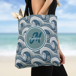 Bolsa Tote Ondas e Flores da Praia Polinésia no Estilo Oceano