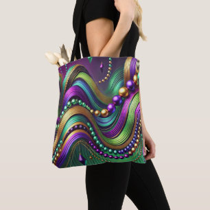 BOLSA TOTE ONDAS E MIÇANGAS DOURADAS MARDI VERDES PURPAS