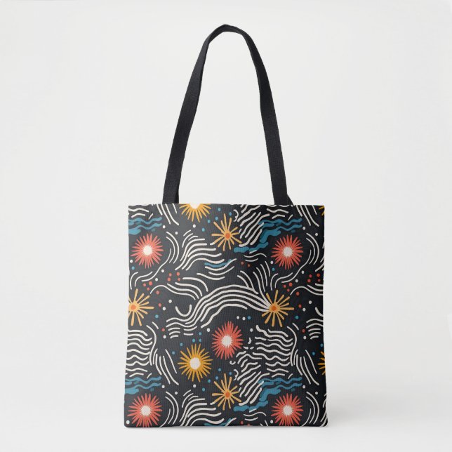 Bolsa Tote Ondas Florais de Abstrato vibrantes em preto (Frente)