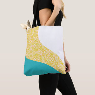 Bolsa Tote Ondas Simples - Turquesa de Padrão Floral e Amarel