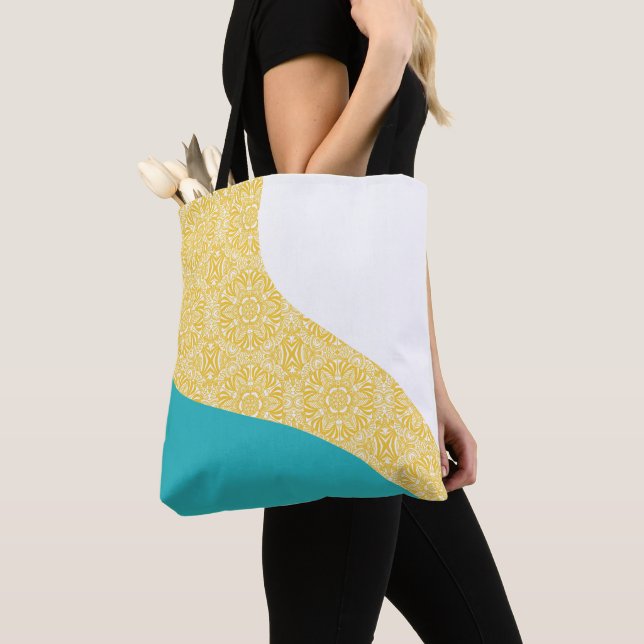 Bolsa Tote Ondas Simples - Turquesa de Padrão Floral e Amarel (Close Up)