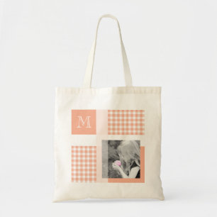 Bolsa Tote Orange Adiciona Sua Foto Gingham Modern Monograma
