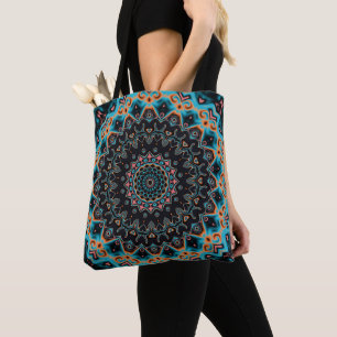 Bolsa Tote Orange Blue Teal Black Mandala Boho Art