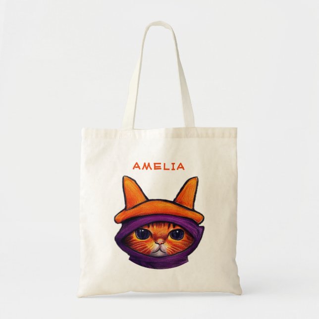 Bolsa Tote Orange Cat Purple Witch Hat Fantasy Halloween (Frente)