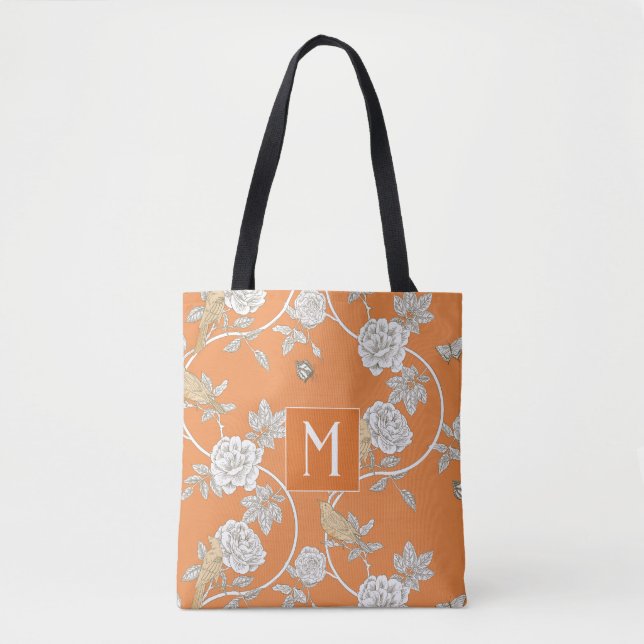 Bolsa Tote Orange Chinoiserie Floral Monograma (Frente)