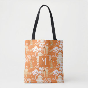 Bolsa Tote Orange Chinoiserie Pagodas Monograma