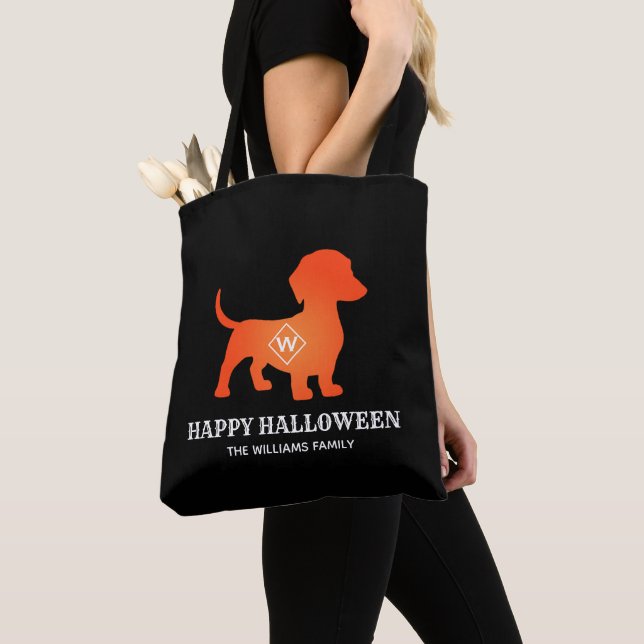 Bolsa Tote Orange Dachshund Happy Halloween Family (Close Up)