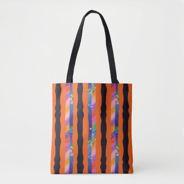 Bolsa Tote Orange Floral Wavy Stripe Pattern (Frente)