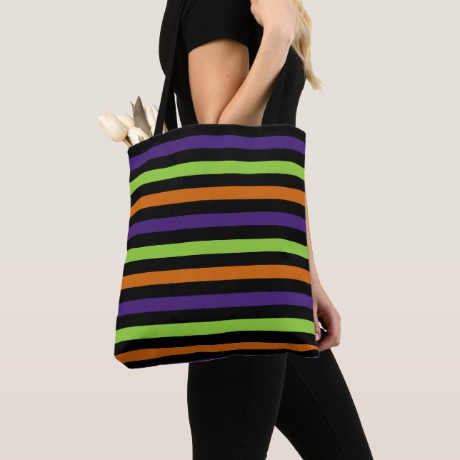 BOLSA TOTE ORANGE GREEN PURPLE BLACK HALLOWEEN STRIPES (Close Up)