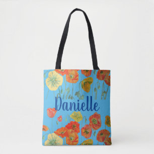 Bolsa Tote Orange Poppies Blue Floral Floral Girl Name Bag